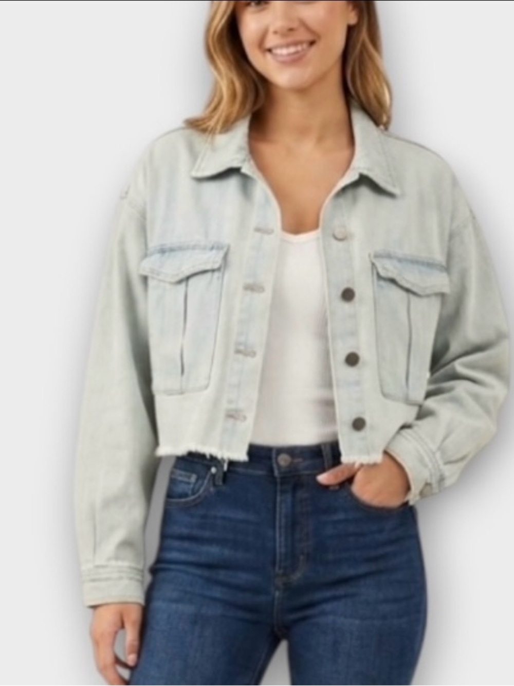 JBD Just Black Denim Cropped Raw Hem Jean Jacket in Light Wash Women’s Size L
